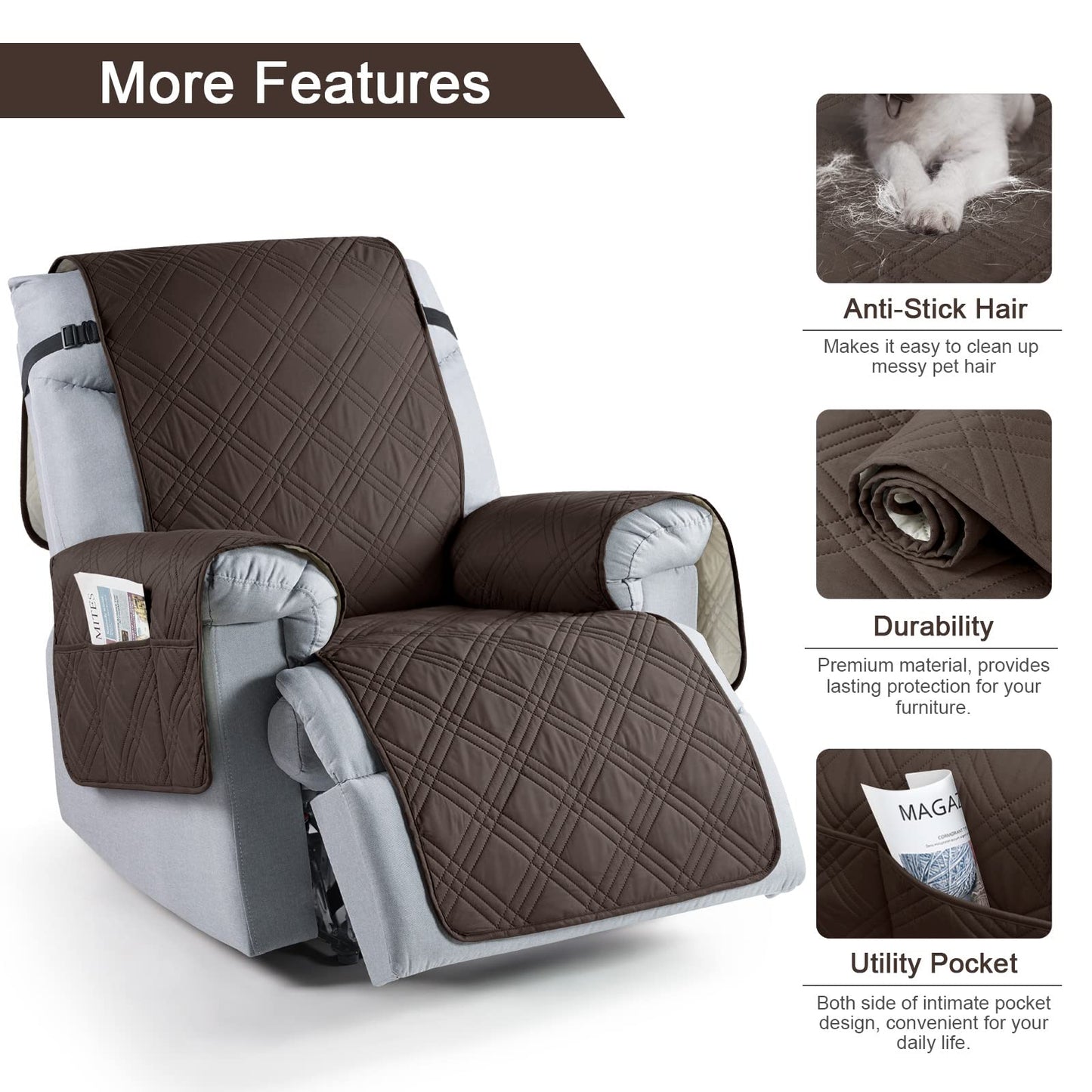 TAOCOCO 100% Waterproof Recliner Chair Cover, Non Slip Covers for Recliner Chair with Pocket, Washable Reclining Chair/Furniture Protector for Kids, Pets(23.6'', Chocolate)