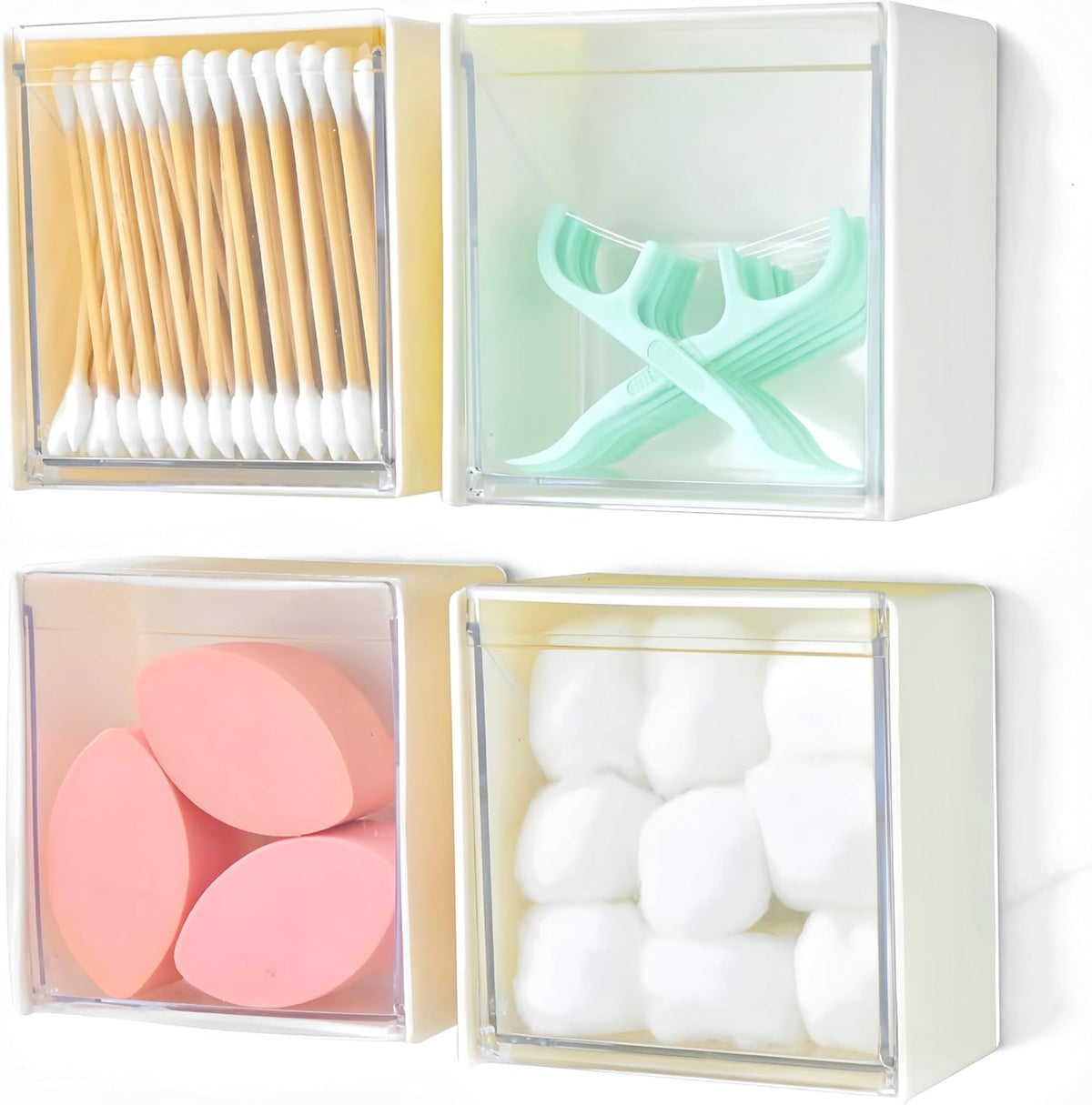 Qtip Holder Wall Mount for Cotton Swabs, Balls, Pads, Hair Ties,Floss Picks- Small Plastic Bathroom Wall Organizers and Storage Set,Bedside Shelf,Home Decor,Dorm Room Essentials (4)