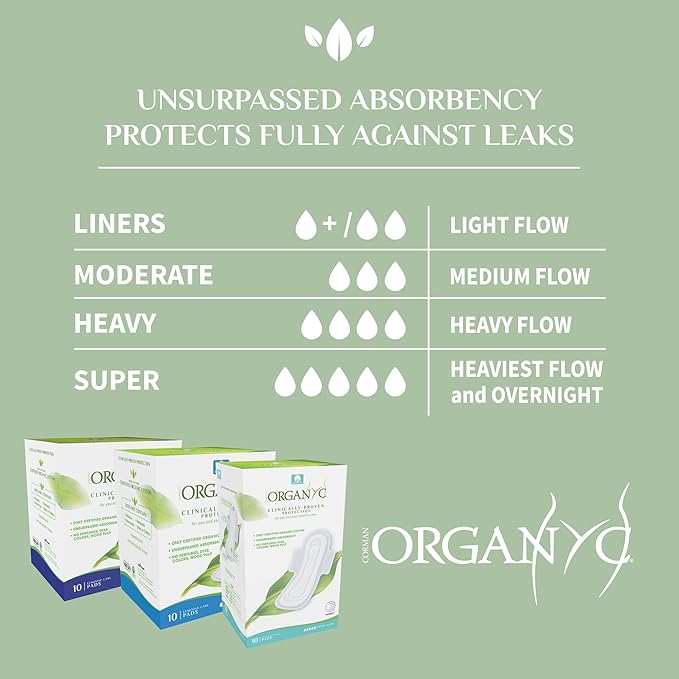 Organyc - 100% Certified Organic Cotton Feminine Pads - Sanitary Napkin with Wings for Women, Moderate Flow, Regular Absorbency, 60 Count (6 Pack of 10 Count)