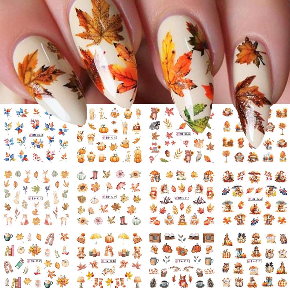 Maple Leaf Nail Art Stickers Decals Fall Thanksgiving Water Transfer Nail Foils Slider Stickers for Autumn Nail Art Accessories Cute Pumpkin Squirrel Leaf Flower Acrylic Nail Decals for Women Manicure