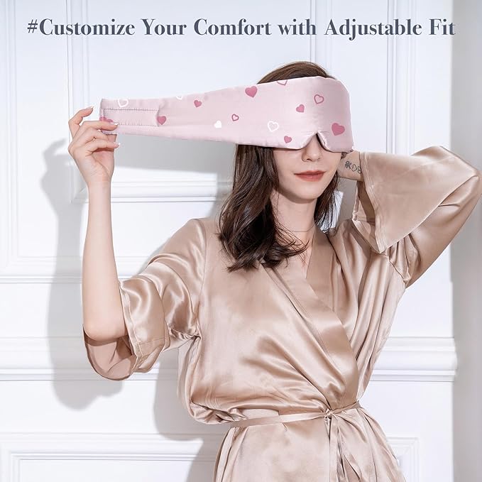 Fleur&Yang Silk Sleep Mask, Adjustable Blackout Sleeping Mask for Men Women, Soft Breathable 100% Mulberry Silk Fabric, Cooling Eye Cover Blindfold for DeepSleep or Meditation (Heart)