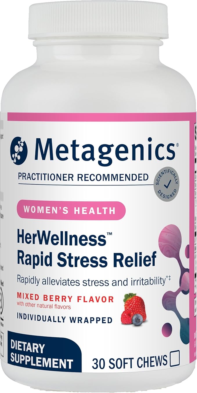 Metagenics HerWellness Rapid Stress Relief + Estrovera - Women's Stress Support Supplement with Saffron, L-Theanine & Vitamin B6 - Mixed Berry Flavor, 30 Soft Chews + Women's Health Supplement for Per