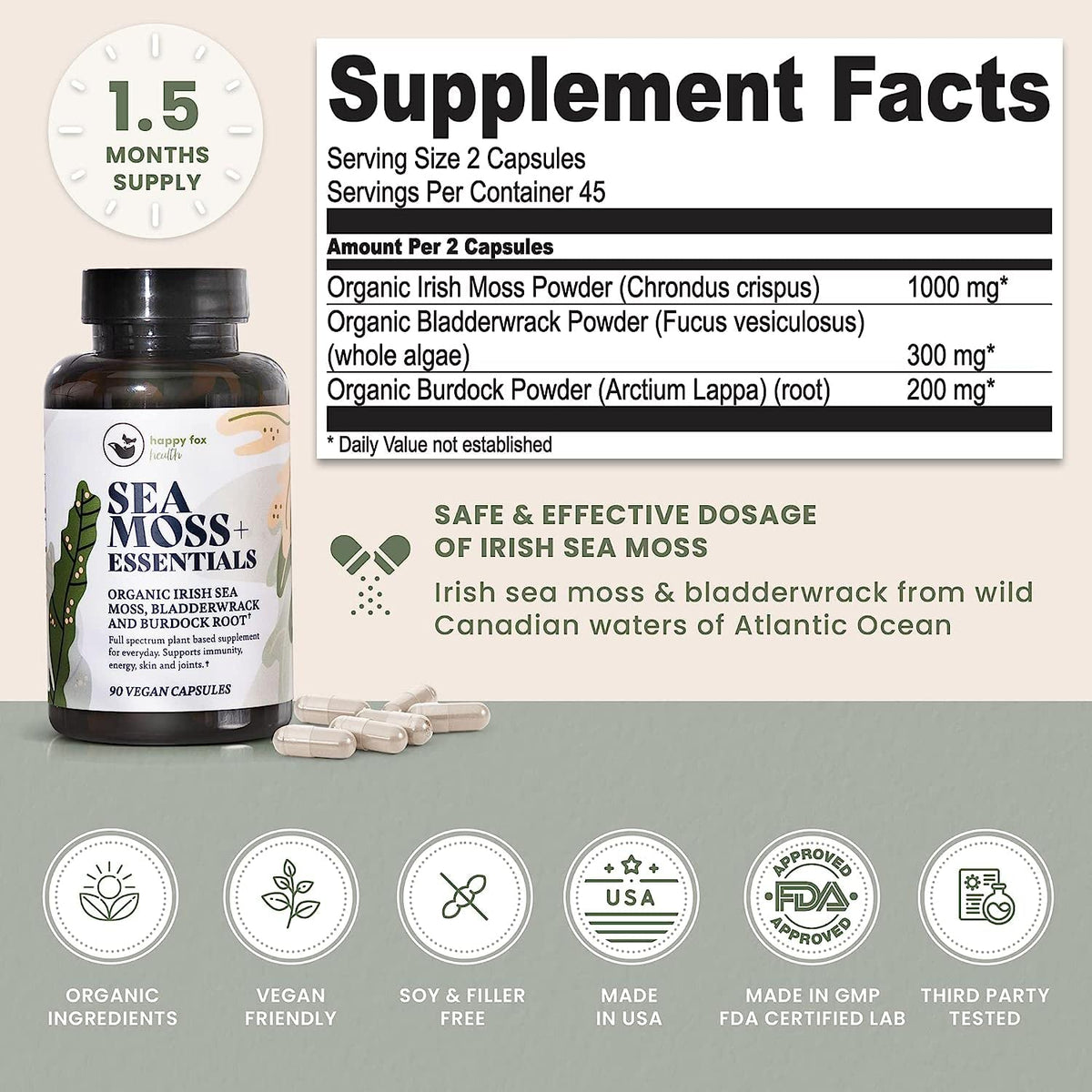 HAPPY FOX Irish Sea Moss Capsules with Burdock Root & Bladderwrack - Alternative to Seamoss Gummies or Powder, 90 Vegan Capsules, Made in USA