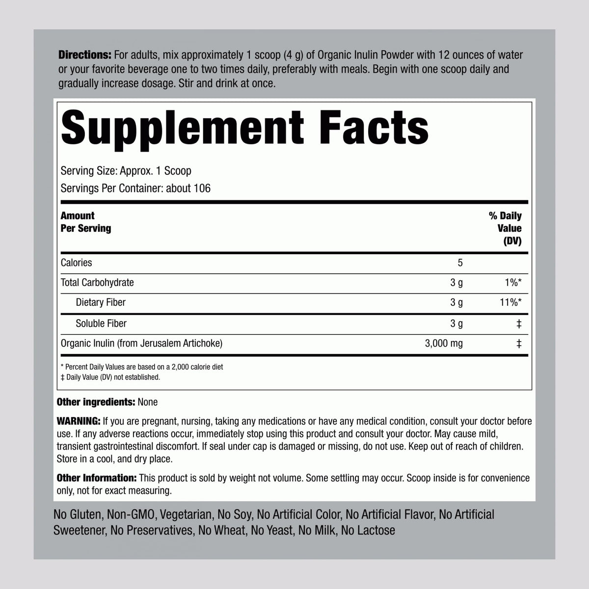 Piping Rock Organic Inulin Powder | 15 oz | Soluble Fiber Supplement | FOS Powder | Vegetarian, Non-GMO, Gluten Free