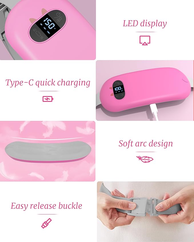 Portable Heating Pad for Cramps, Upgrade Cordless Electric Period Fast Heating Pad for Back Pain Relief Menstrual Belt 6 Heat 6 Massage Modes Gifts for Women Girls Her Girlfriend Rose Pink