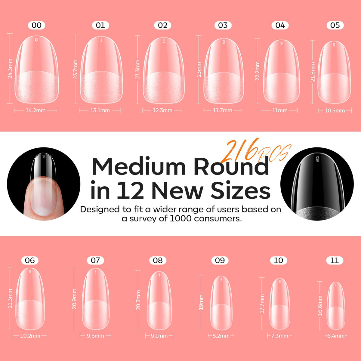 modelones Medium Oval Gel Nail Tips Kit, 9-in-One Nail Glue with Portable U V Lamp 216Pcs 12Sizes Pre-Etched Round Press ons Fake Acrylic Extension Kit DIY Salon Gift for Women