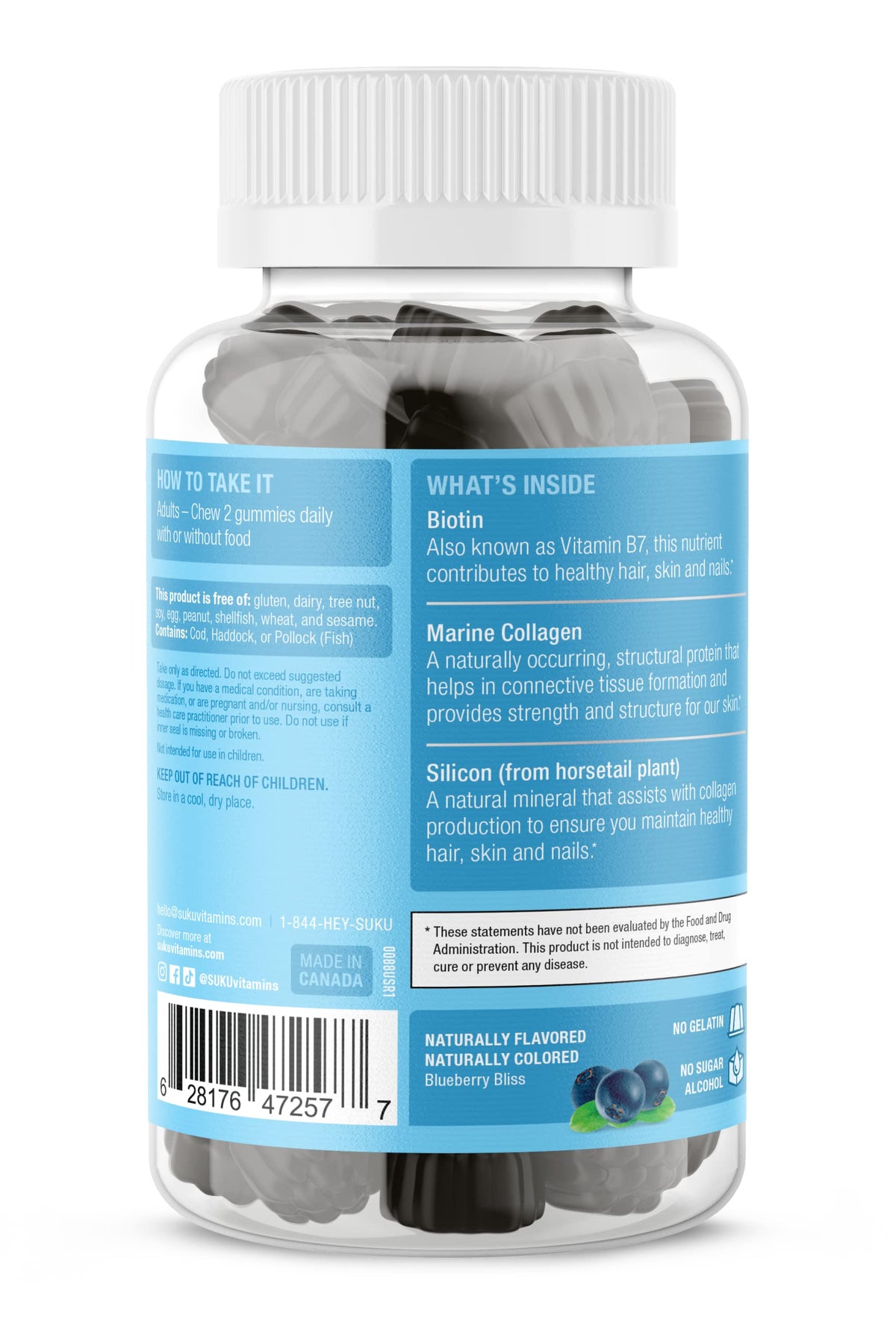 SUKU Vitamins - Luscious Hair - Silicon Biotin and Hydrolyzed Marine Collagen Gummies for Skin, Hair & Nails - Easy to Chew - Non GMO, Gluten Sugar Free - Blueberry Flavored Gummy Vitamins - 50 Count