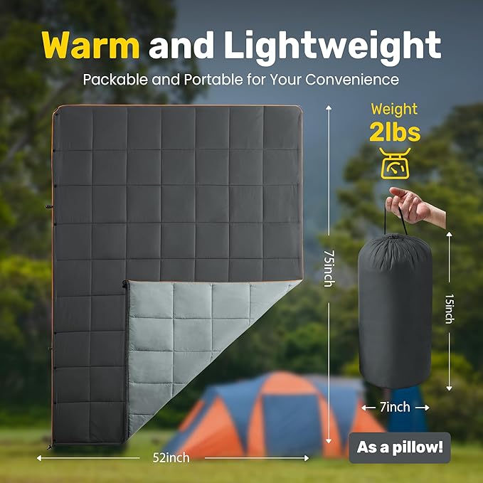 UNIKOME Outdoor Packable Camping Blanket, Lightweight Travel Blanket for Hiking, Camping, Dual-Sides Waterproof Puffy Down Alternative Camping Blanket with Snap Clasps, 75"×52", Grey&Light Grey