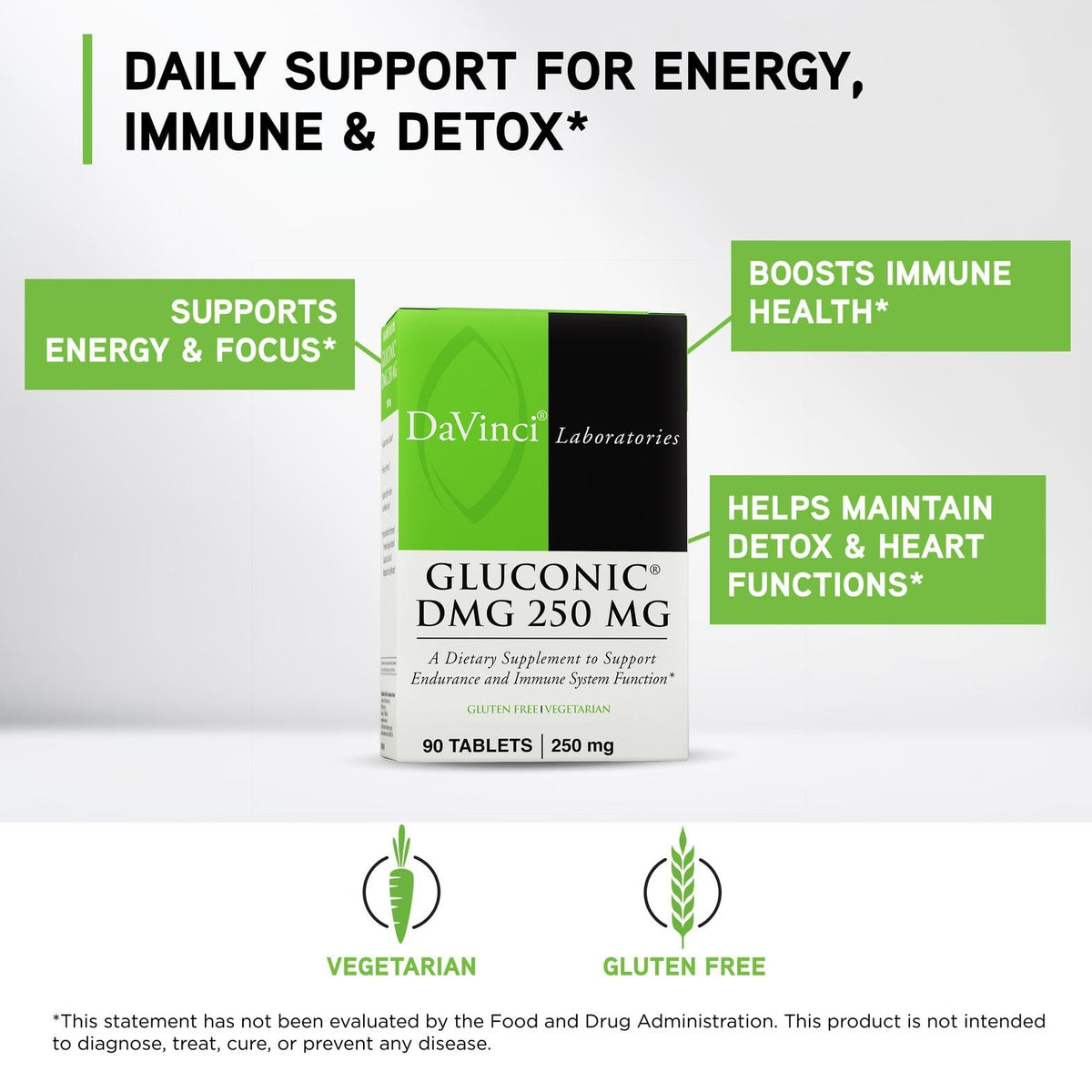 DAVINCI Labs Gluconic DMG 250mg - Helps Support Immune System, Muscle Function, Heart Health & Brain Health - 90 Chewable Tablets (90 Servings)