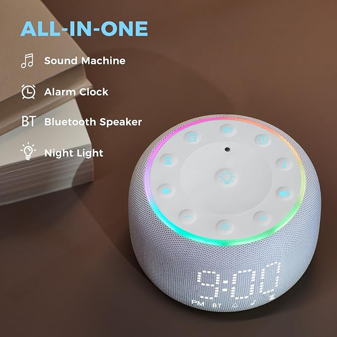 White Noise Machine Alarm Clock for Bedrooms - 5W Stereo Bluetooth Speaker - 24 Soothing Sounds - 9 Night Lights - Auto-Dimmable Digital Alarm Clock Sound Machine for Sleeping