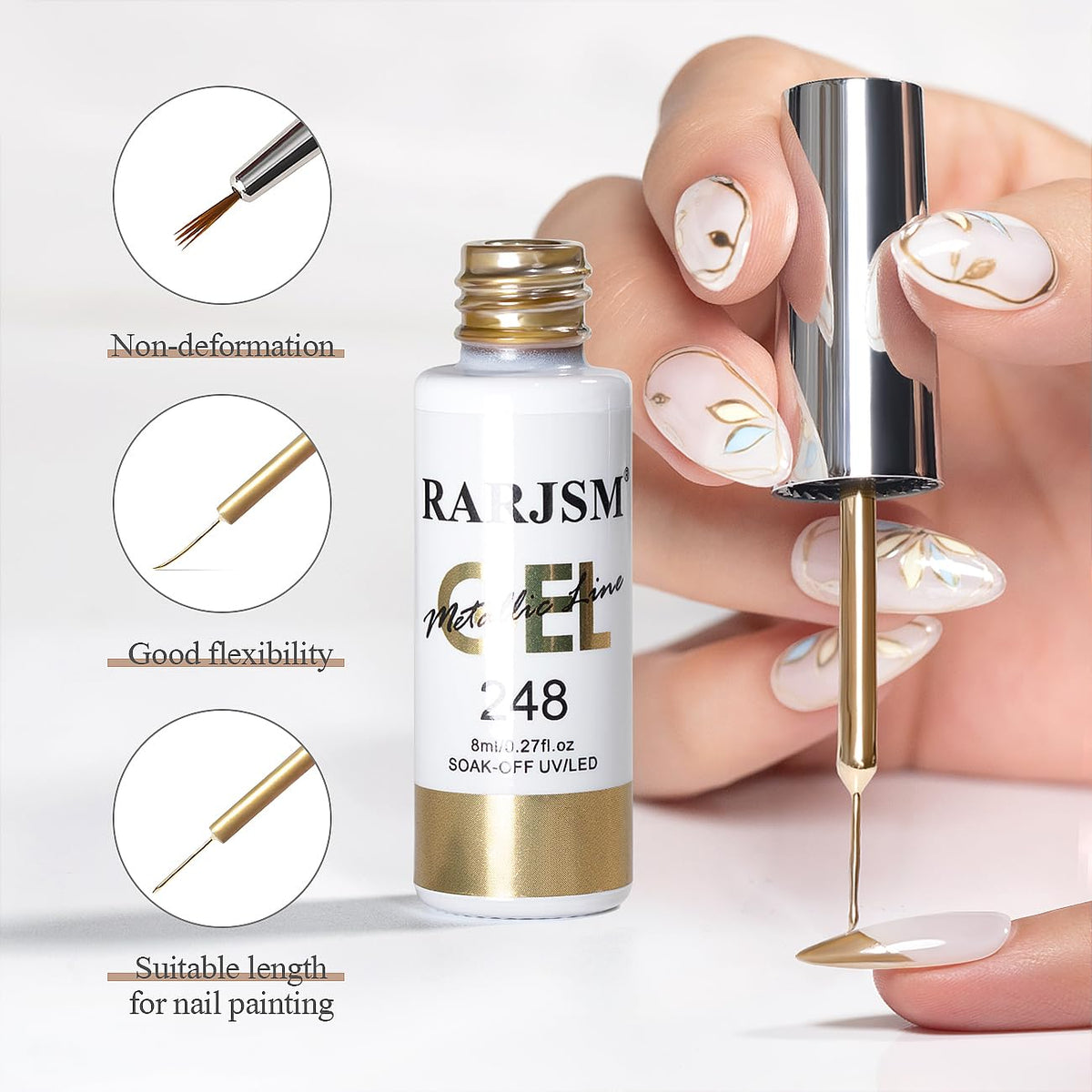 RARJSM Metallic Chrome Gel Liner Nail Art 3D Mirror Holographic Silver and Bronze Gold 2Pcs Set Gel Nail Polish 8ml Painting Build in Thin Brush Painted Drawing Striper GelPolish Curing Requires