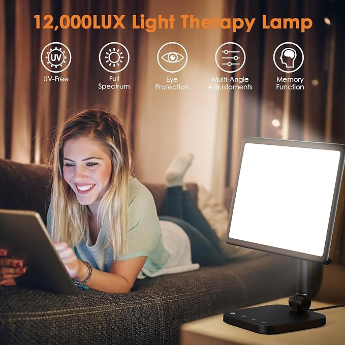 Light Therapy Lamp，UV-Free 12000 Lux Sun Lamp with Adjustable 5 Brightness & 1800-6500K Color Temperatures & 1H Timer Functions，Rotable Large Surface with One-toch MAX Brightness Sunlight Lamp