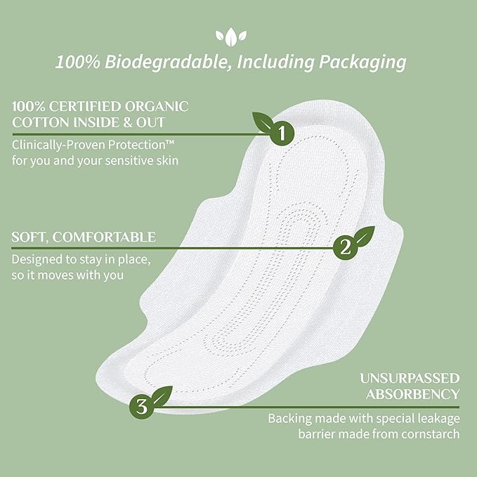 Organyc - 100% Certified Organic Cotton Feminine Pads, Sanitary Napkin 120 Count, Heavy Flow(Bulk Size, 12 Pack)