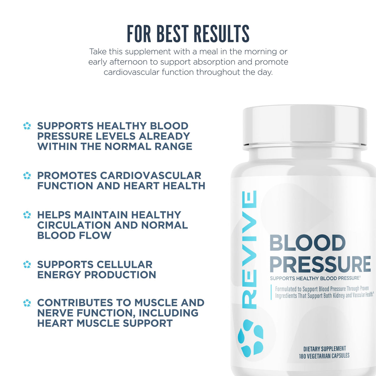 Revive MD Blood Pressure Support Supplement - Supports Heart and Circulatory Health, Energy & Daily Wellness - Magnesium, Potassium, Folic Acid & Garlic Formula (180 Vegetarian Capsules, 60 Servings)