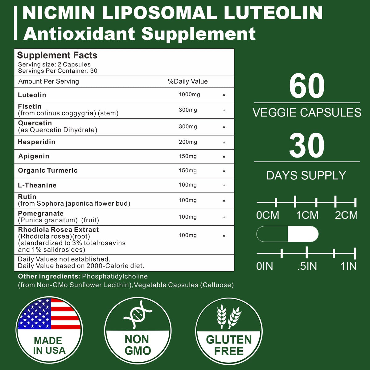 NICMIN 1000MG Liposomal Luteolin, Maximum Absorption, Potent Luteolin Supplement 60 Capsules