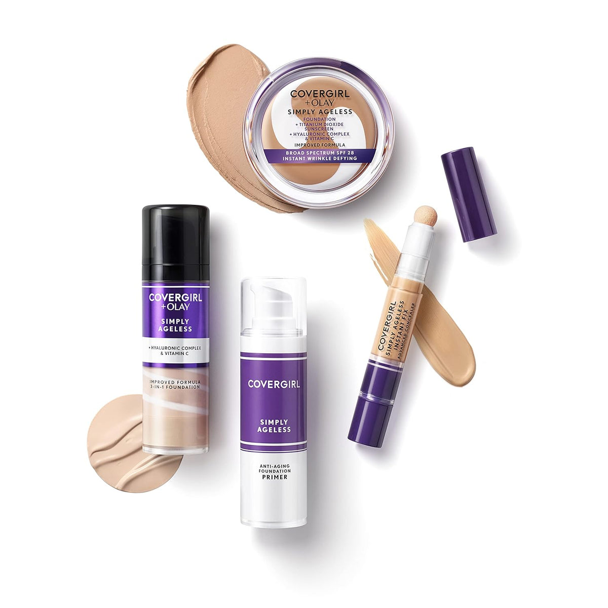 COVERGIRL Simply Ageless Instant Wrinkle Defying Foundation, SPF 28, Hyaluronic Complex & Vitamin C - 255 Soft Honey, Pack of 1