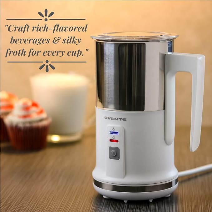 OVENTE Milk Frother Non-Stick Stainless Steel Electric Portable Auto Shut-Off Function, Hot and Cold Foam Perfect Warmer for Coffee Latte Cappuccino Chocolate, White FR1208W
