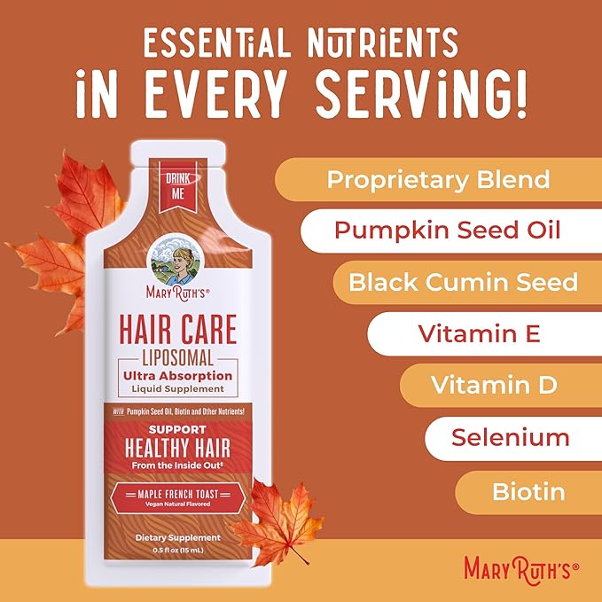 MaryRuth Organics Hair Growth Vitamins, Sugar & Gluten Free, Liquid Hair Vitamins with Vitamin D3, Vitamin E Biotin Hyaluronic Acid, Selenium for Hair & Skin Care Vegan, Non-GMO, 14-0.5 Fl Oz Pouches
