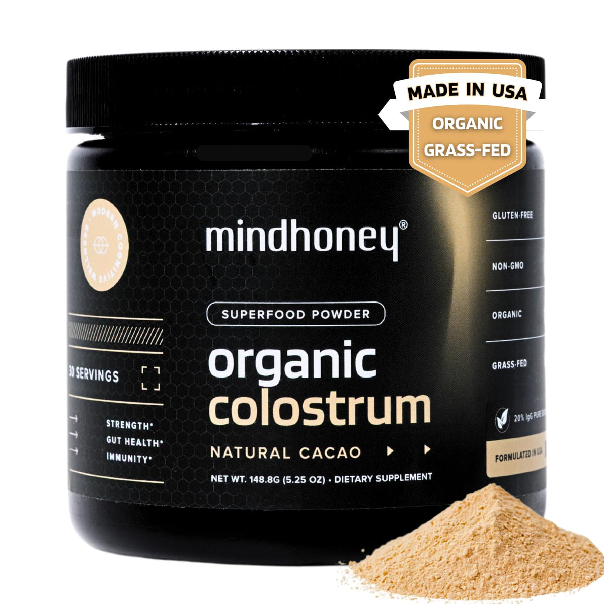 MINDHONEY Organic Colostrum | Premium Cacao Flavored Superfood Powder | Gut Health & Immunity, Skin & Hair, Anti-Aging, Performance & Recovery | Grass-Fed, Pasture-Raised | 30 Servings
