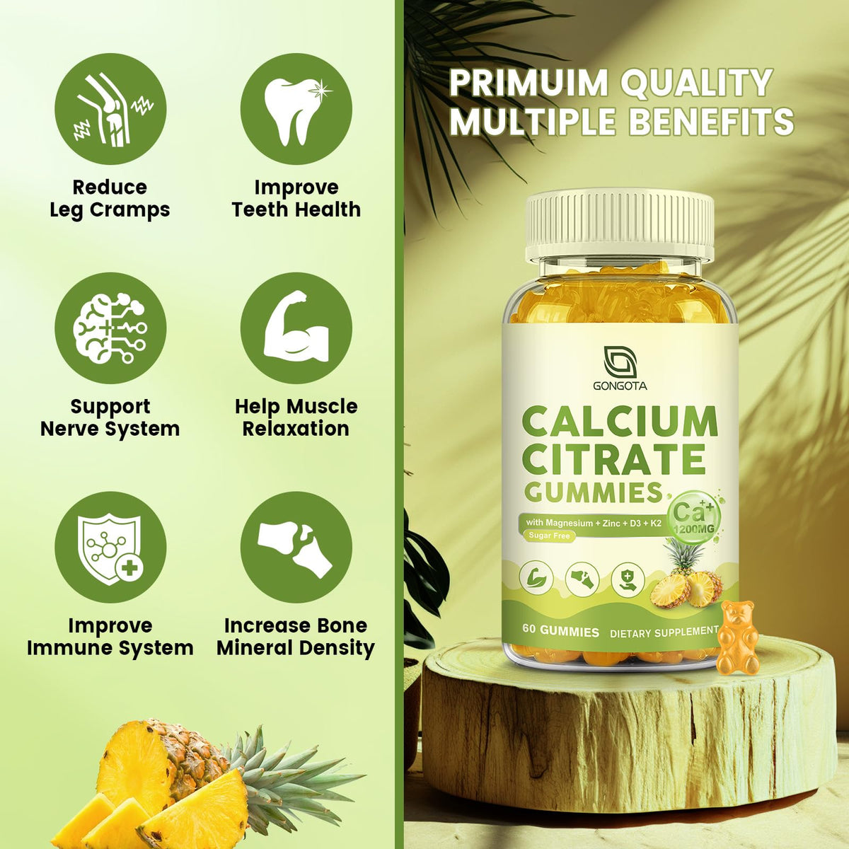 Calcium Citrate 1200mg with Vitamin D3, Calcium Gummies for Women, Calcium Supplements for Bone, Muscle, Immune Support, Sugar Free, Pineapple Flavor - 60 Gummies