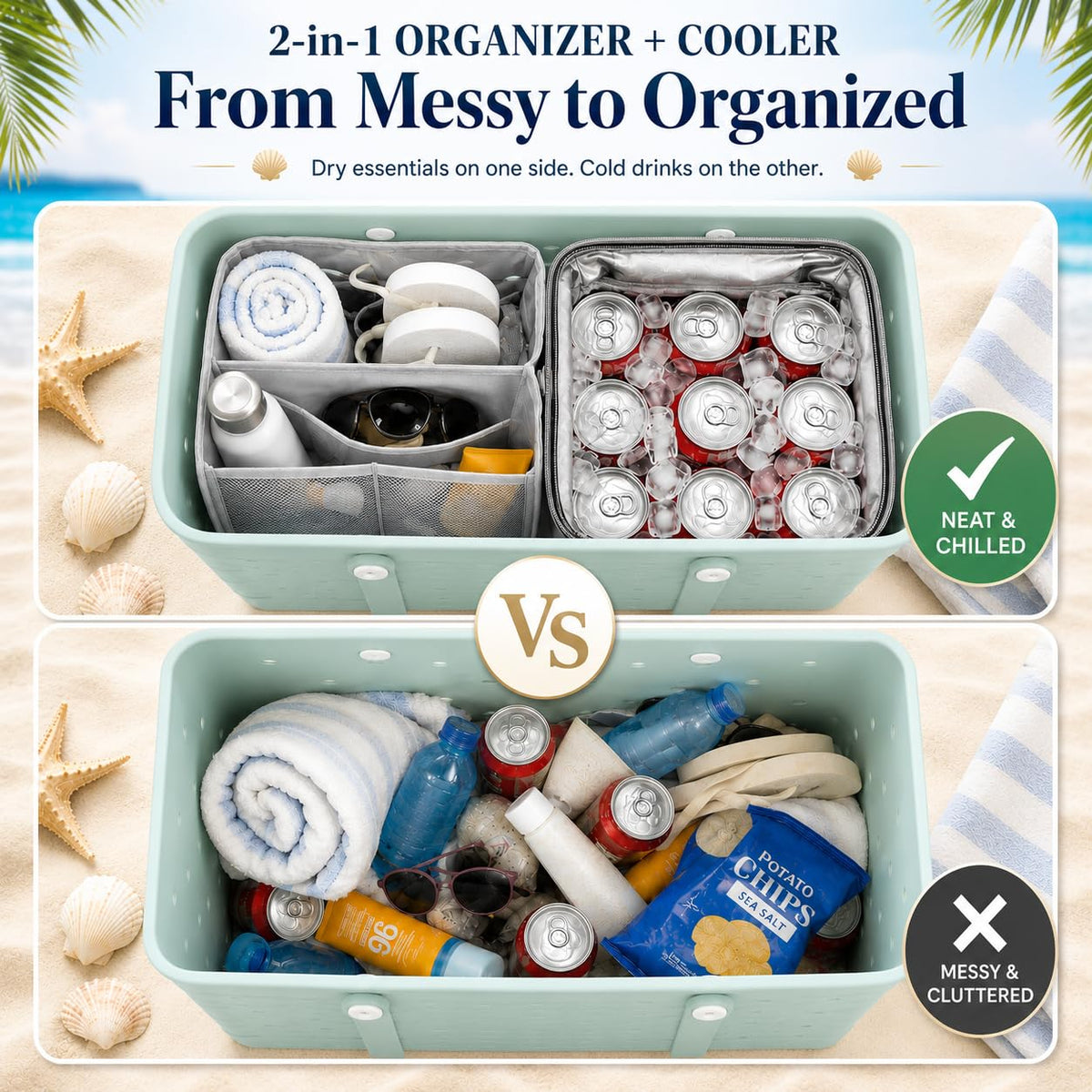 2-in-1 Cooler Organizer Insert Compatible with X Large Bogg Bag, No More Mess & Leaks, Beach & Pool Organizer for Travel & Picnic, Leak-Proof PEVA Insulated Cooler with Mesh Divider