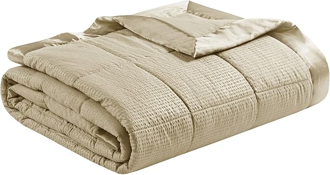 Madison Park Cambria Down Alternative Blanket, Premium 3M Scotchgard Moisture Wicking Treatment, Lightweight and Soft Bed Cover For Summer with Satin Trim, Oversized Twin Taupe