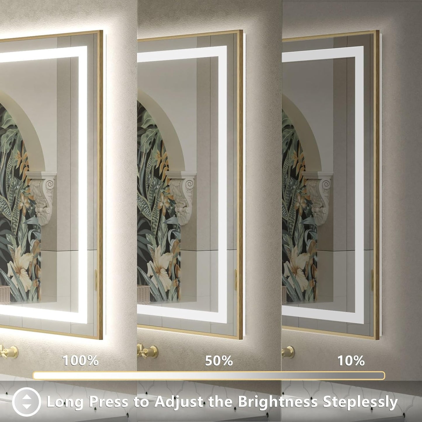 OKPAL 60x40 LED Bathroom Mirror Gold Metal Framed Front Light & Backlit, Lighted Vanity Mirror, Anti-Fog, Dimmable, 3 Colors, Shatterproof, ETL Listed, Horizontal/Vertical