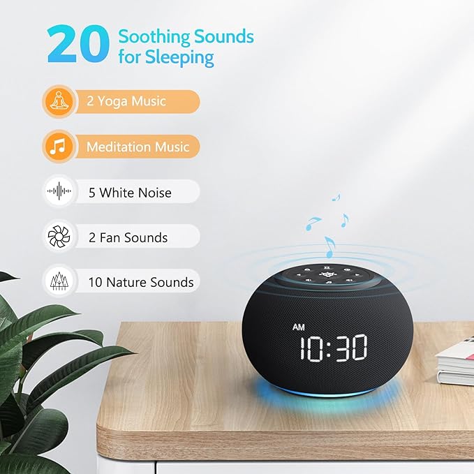 Reacher Auto-Dimmable Alarm Clock Sound Machine with Night Light, 20 Soothing Sounds, LED Digital Display, Sleep Timer, Adjustable Volume, Small White Noise Maker for Office, Travel