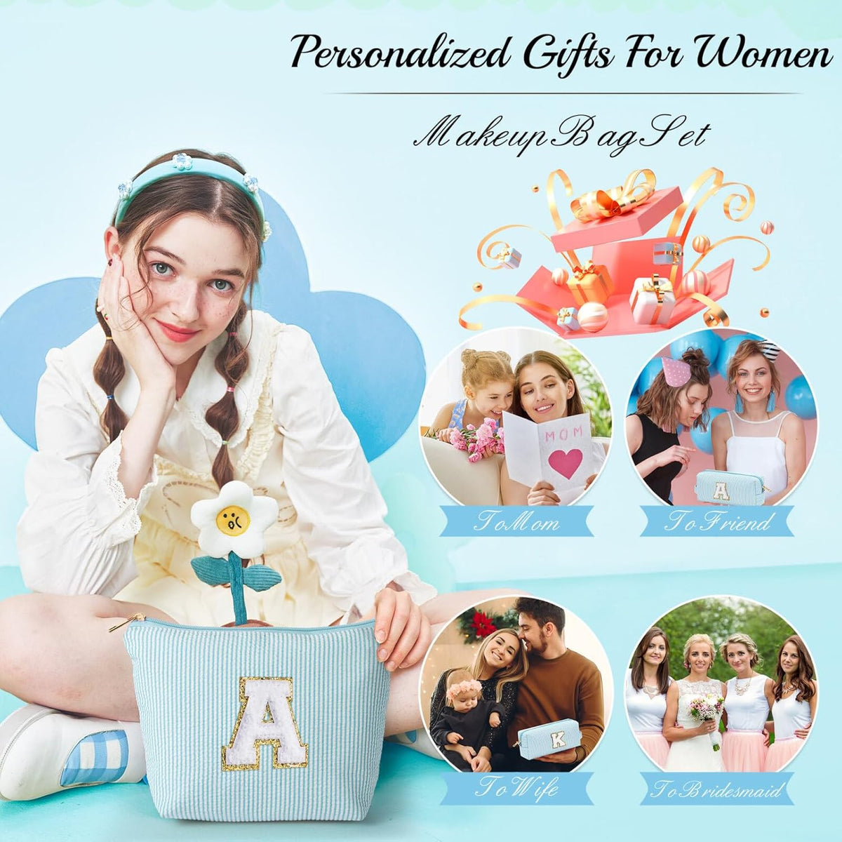 YOOLIFE Cute Makeup Bag for Women Girls - Personalized Teenager Girl Gift Ideas | Initial Make Up Bag | Gifts for Women Friends | Skin Care Bag | Mothers Day Gifts | Tween Girls Trendy Stuff L