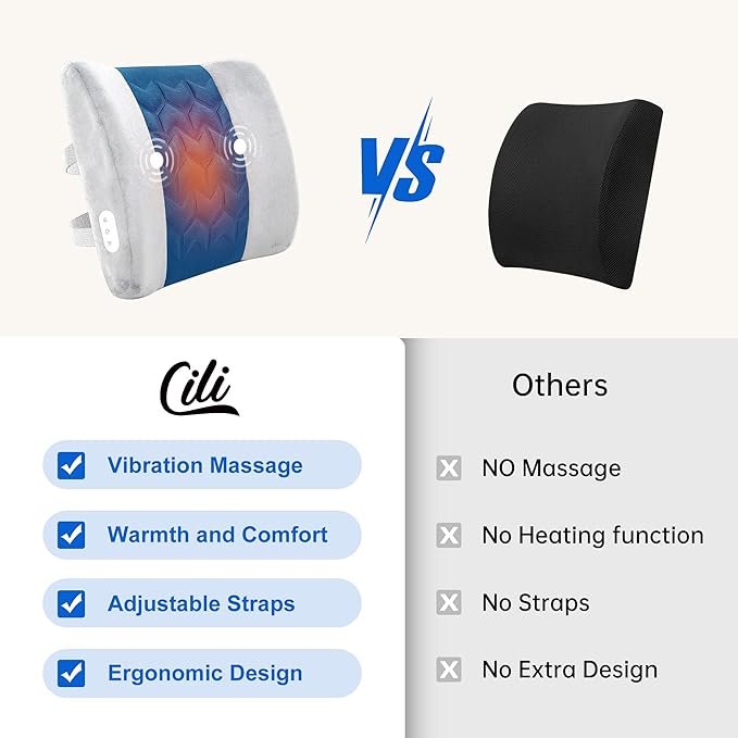 CILI Lumbar Support Pillow for Office Chair, Heated Back Support with Vibration, Back Massager for Chair, Rest Cushion Pillow for Desk Chair Sofa, Gifts for Mom Dad Women Men(Blue)