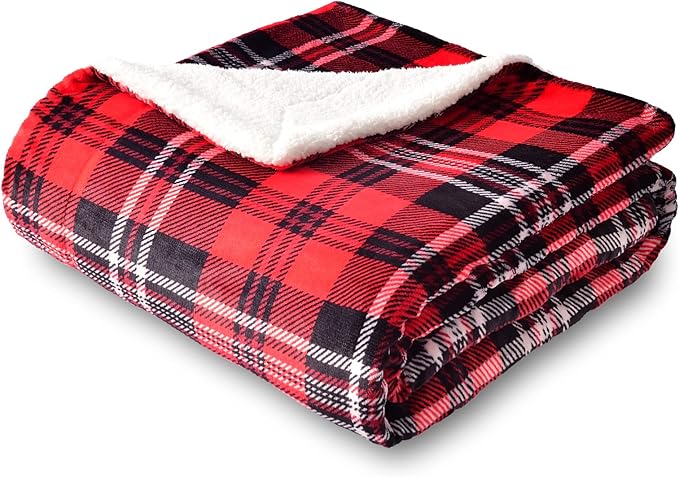 SOCHOW Sherpa Plaid Fleece Throw Blanket, Double-Sided Super Soft Luxurious Bedding Blanket 50 x 60 inches, Red/Grey