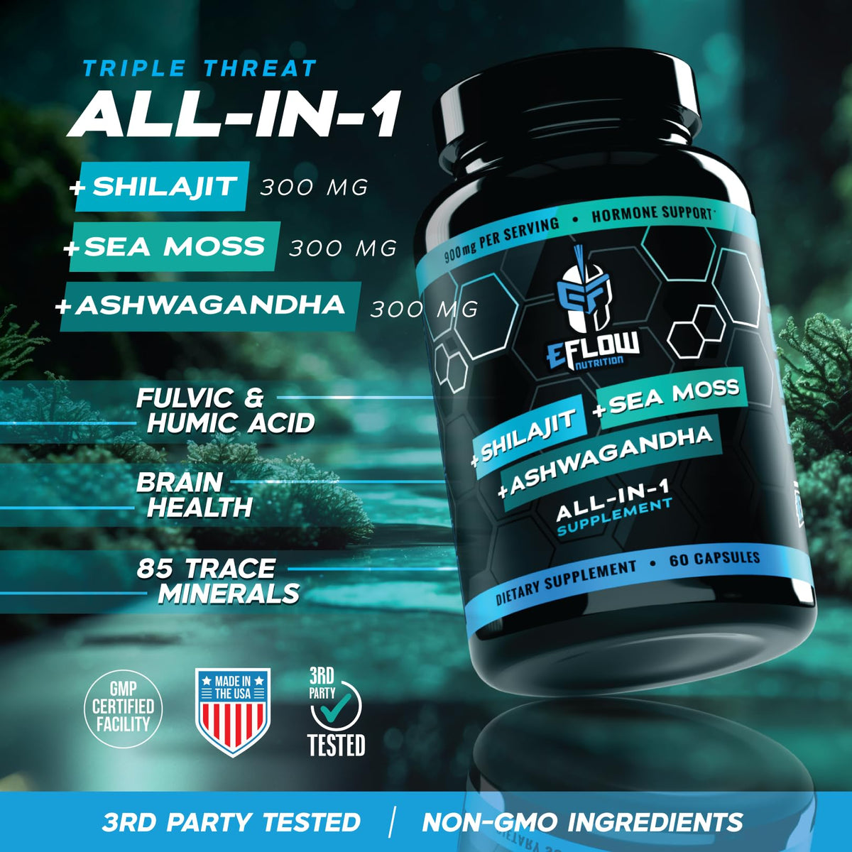 eFlow Nutrition Shilajit Capsules, Ashwagandha, Sea Moss [All-in-1] Trace Minerals, Fulvic Acid, Lab Tested Pure Himalayan Shilajit for Men & Women | Energy, Vitality & Hormonal Support (60 Capsules)