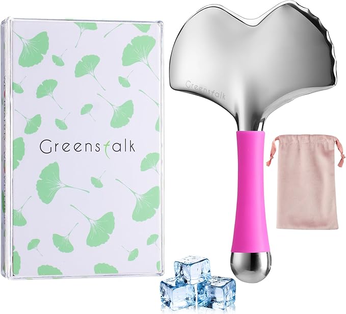 Stainless Steel Gua Sha Facial Tool for Women｜2-in-1 Cooling Massager & Ice Roller with Handle, Built-in Anti-Freeze Liquid for Skincare, Lifting, and Puffiness Relief