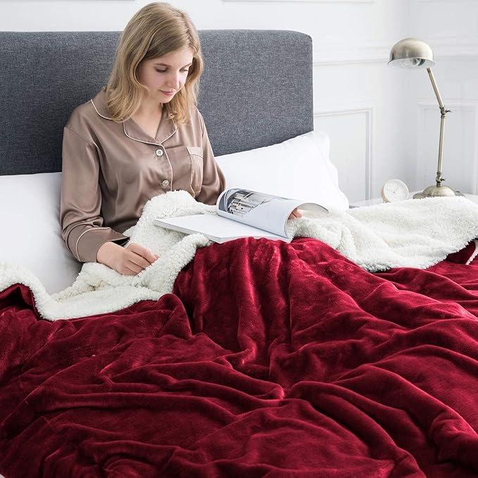 IR Imperial Rooms Burgundy Sherpa Fleece Throw Blanket for Bed - Wholesale Bulk Pack of 16 Sherpa Blankets - Soft Fluffy Throw Blankets for Hotels, Guest Bedroom, 50x60 Inches