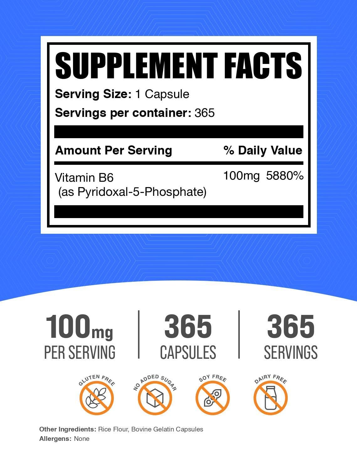 BulkSupplements.com Pyridoxal 5 Phosphate Capsules - P5P Supplement, Vitamin B6 Supplement - Essential & Gluten Free, 1 Capsule per Serving, 100mg Serving, 365 Count (Pack of 1)