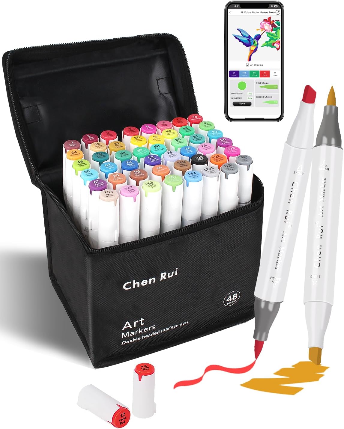 YHC 48 Colors Alcohol Brush Marker with Free App,Dual Tips Art Markers for Adults and Kids, Alcohol Based Brush & Chisel Tips Markers for Drawing, Coloring, Painting, Sketching