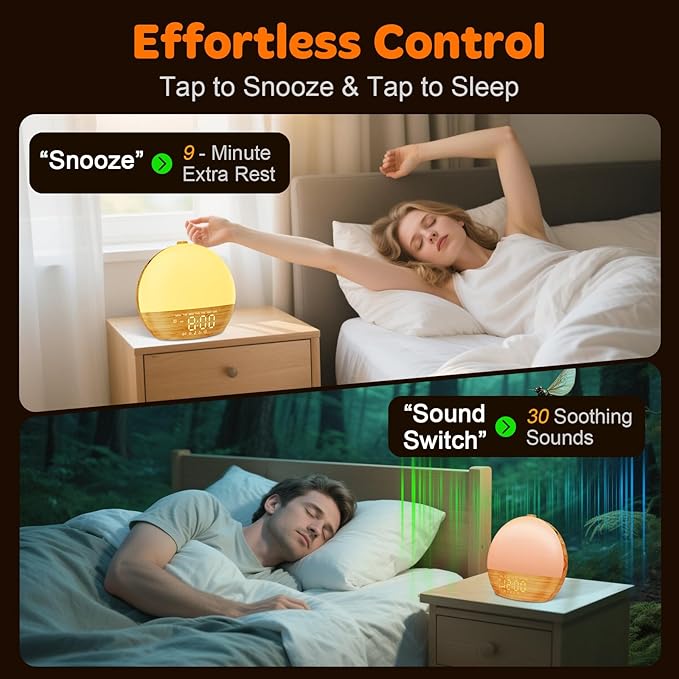 White Noise Sound Machine: Wood Grain, 30 Sleep Sounds, Bluetooth, Sunrise Alarm Clock with Dual Alarms, Adjustable Brightness,Wake-Up Light, Ideal for Bedroom, Office, Kids & Adults