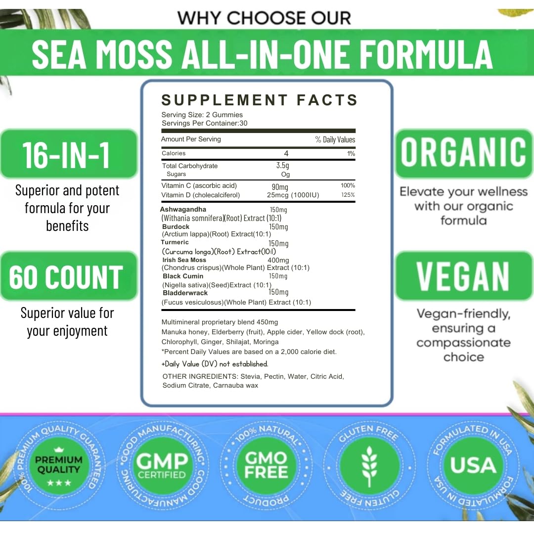 16 In 1 Sea Moss Gummies — US-Made, 3X Potent Seamoss Gummies for Men and Women with Black Seed Oil, Ashwagandha, Burdock, and More — Supports Immunity, Energy & Vitality (30-Day Supply, 60 Gummies)