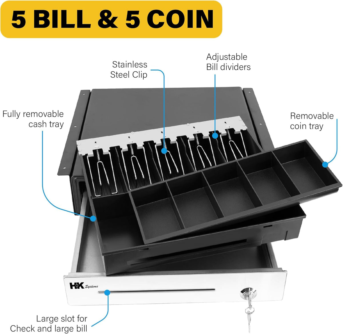 HK SYSTEMS 16" Heavy Duty Black "Push" Open Cash Drawer, 5B5C with Under Counter Mounting Metal bracket