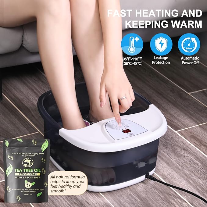 Foot Spa Bath Massager with Heat [2025 Upgraded], Jets, Vibration, Adjustable Temp, Bubbles, Epsom Salt, Foot Soaking Tub with 22 Massage Rollers, Pedicure Foot Spa for Relaxation, Black