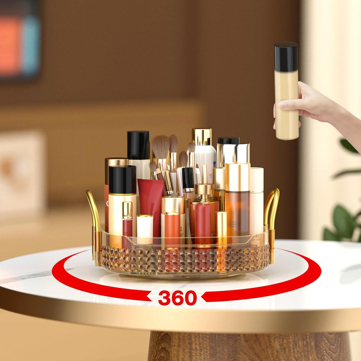 Awenia Rotating Makeup Organizer 360, Stackable Adjustable Large Capacity Cosmetic Storage Unit,Dresser Bathroom Kitchen Countertop Organizer with Metal Handle, Plus Size (Honorable Gold, 1 Tier)