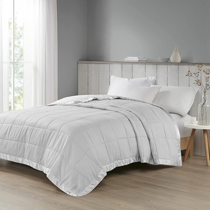Madison Park Cambria Down Alternative Blanket, Premium 3M Scotchgard Moisture Wicking Treatment, Lightweight and Soft Bed Cover For Summer with Satin Trim, Oversized King Gray
