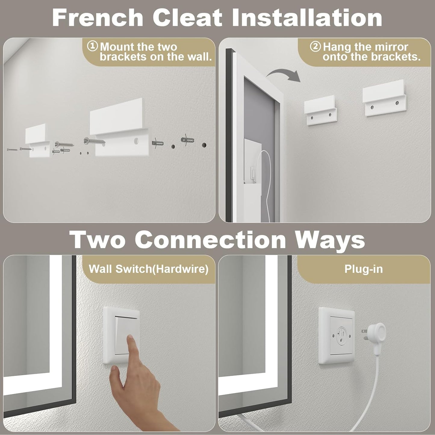OKPAL 68x40 Black LED Bathroom Mirror with Lights, Frontlit & Backlit LED Mirror for Bathroom, Lighted Bathroom Vanity Mirror, Anti-Fog, Dimmable 3 Colors, Shatterproof, Horizontal/Vertical