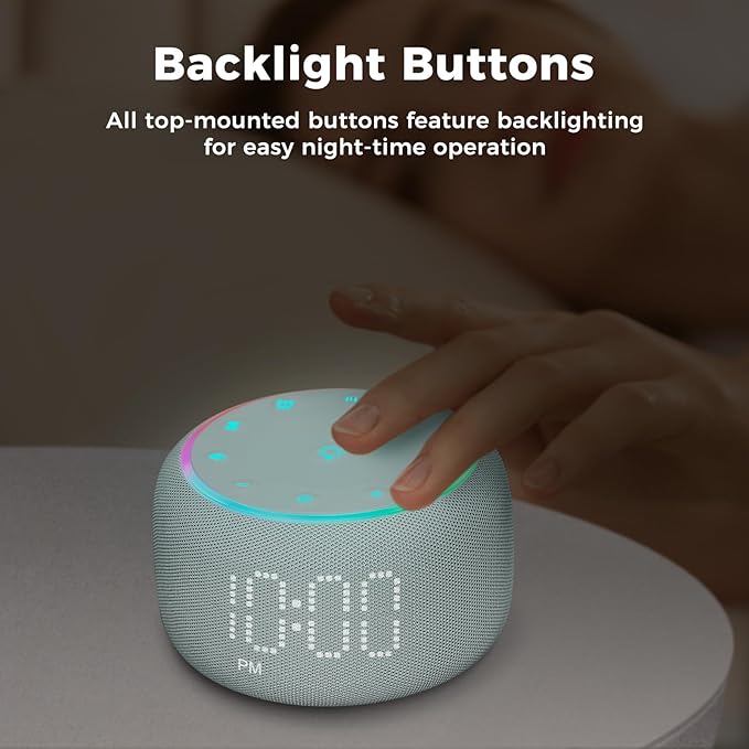 White Noise Machine Alarm Clock for Bedrooms - 5W Stereo Bluetooth Speaker - 24 Soothing Sounds - 9 Night Lights - Auto-Dimmable Digital Alarm Clock Sound Machine for Sleeping