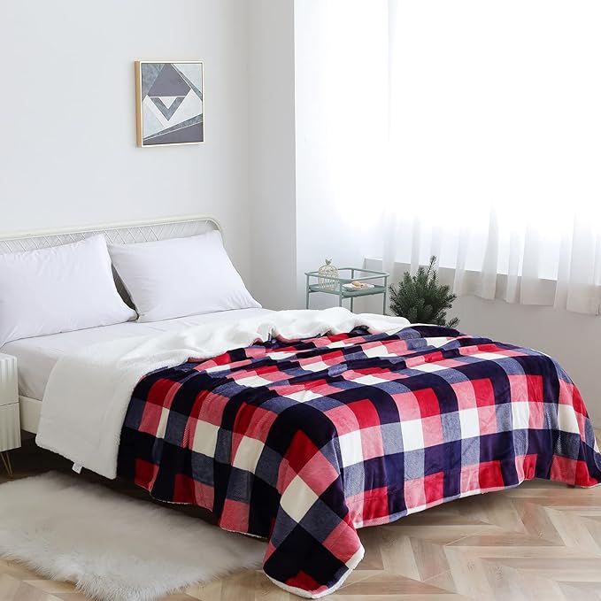 SOCHOW Buffalo Plaid Sherpa Fleece Throw Blanket, Double-Sided Checkered Super Soft Luxurious Bedding Blanket 60 x 80 inches, Red/Blue