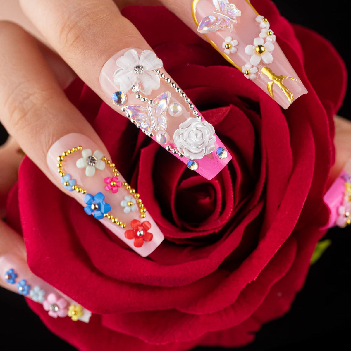 Mixed 3D Nail Art Gem Decoration Accessories Kit #5, Aurora Bear Bow Butterfly Starry AB Rhinestone Charm Jewelry for Deco, Pearl Flower Caviar Bead Stone Crystal with Dual-End Brush and Tweezer