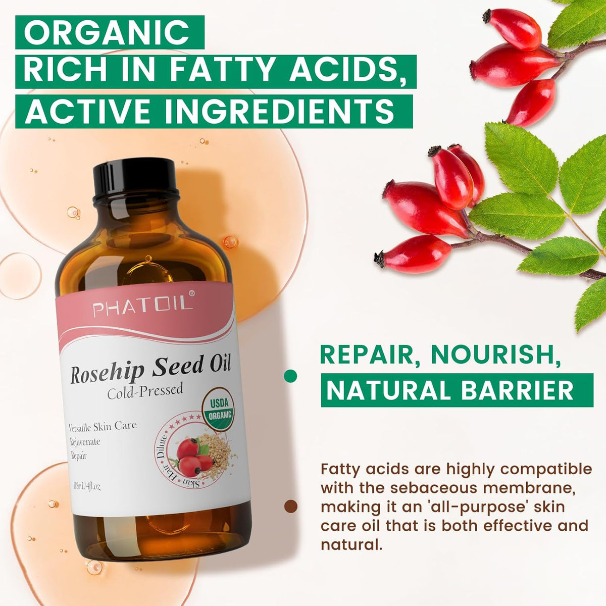Organic Rosehip Seed Oil for Face 4oz/118ml, USDA Certified Organic Pure and Natural Cold Pressed Base Carrier Oil, Massage Gua Sha for Face and Body, Moisturizing for Hair and All Skin Type