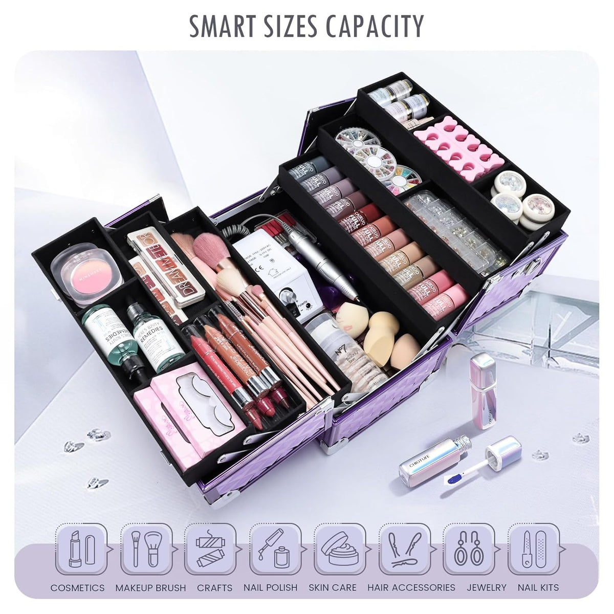FRENESSA Makeup Train Case Makeup Case 12.6 Inch Large Cosmetic Box Organizer Travel Storage Professional Make Up Train Carrying Case with 6 Trays Locking Shoulder Strap Hard Vanity Storage Purple