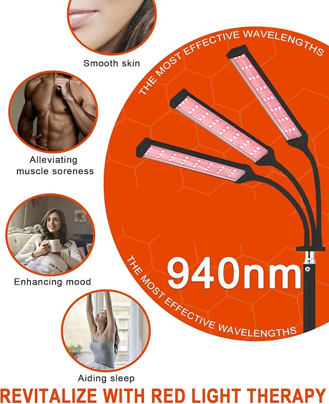 Red Light Therapy Lamp for Body Treatment with Adjustable Height Stand, 660nm, 850,940nm - Alleviate Muscle Soreness, 3head B