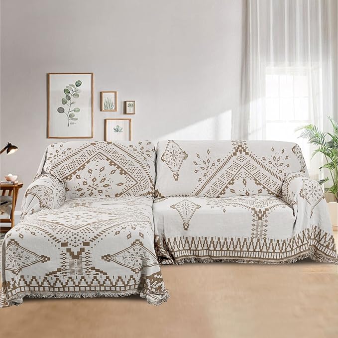 H.VERSAILTEX Reversible Sofa Cover Couch Cover for Dog Sofa Slipcover for Most Shape Sofa Furniture Protector with Tassels Sectional Couch Cover (Medium: 71" x 91", Sand/White)